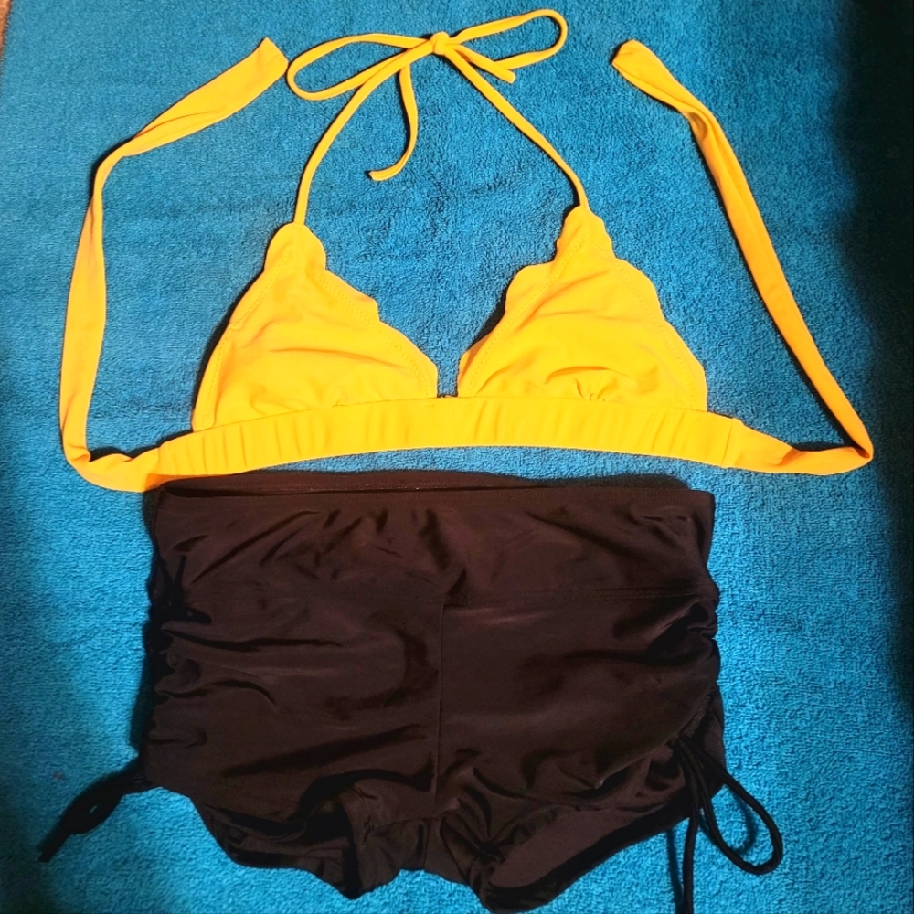 Yellow Halter Bikini Top and Black Bottoms- SIZE SMALL